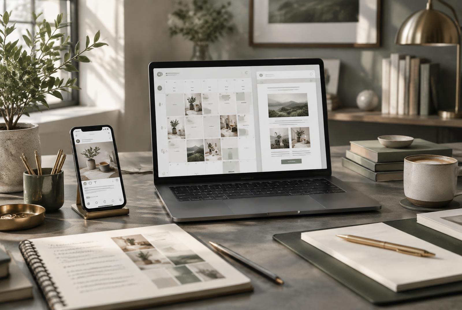 A laptop and phone displaying a coordinated social media and email content plan