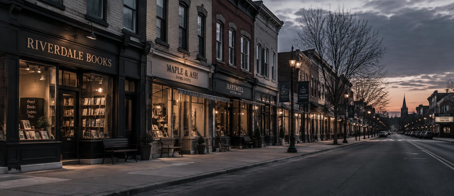 A street of small local businesses at dusk with their lights on