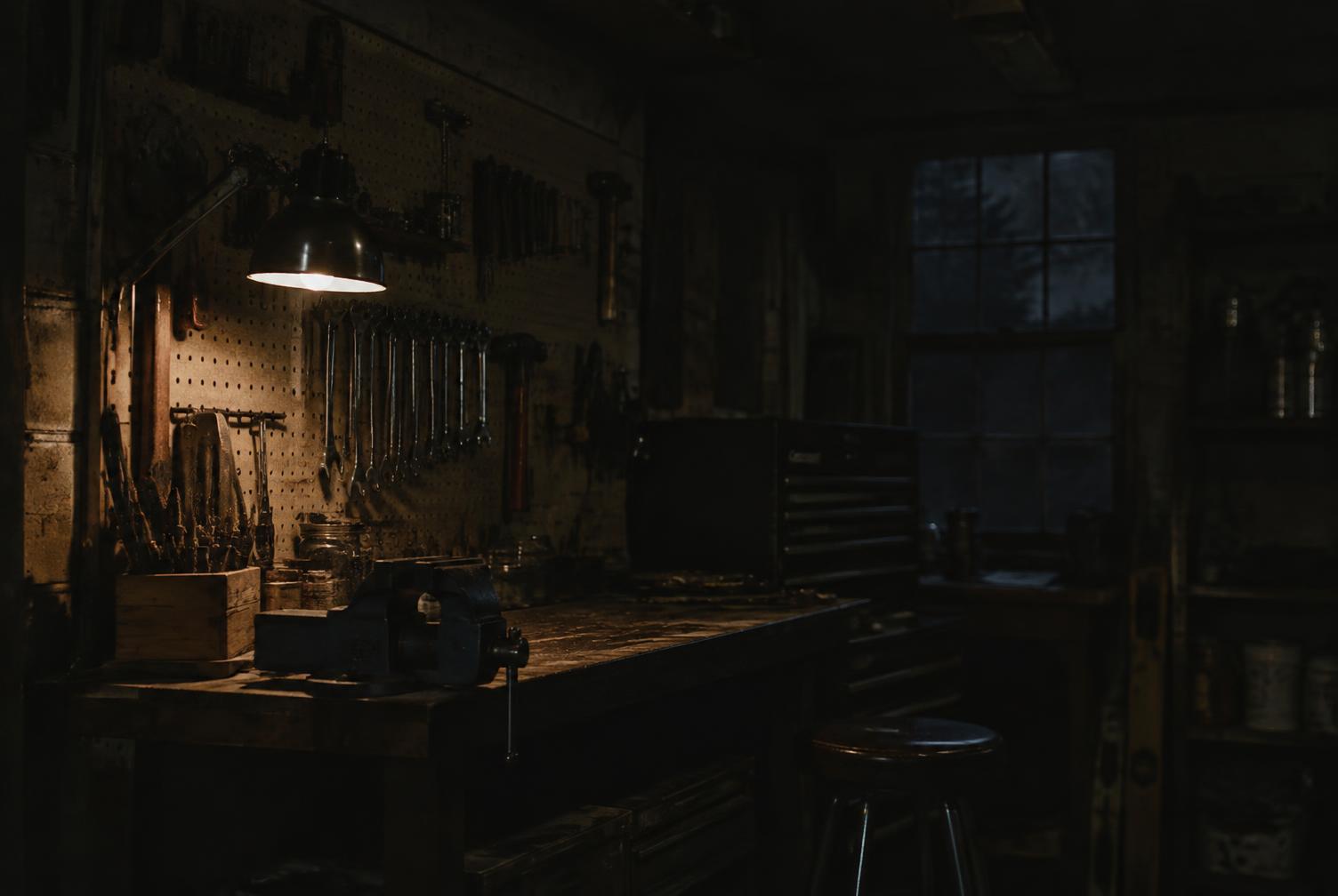 A workshop interior lit by a single lamp at night