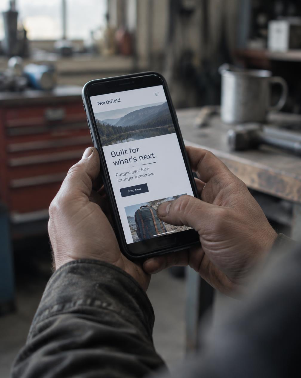 A pair of working hands holding a phone showing a simple website